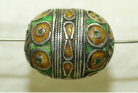 Antique Green and Mustard Enameled Silver Egg Bead