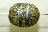 Antique Green and Mustard Enameled Silver Egg Bead
