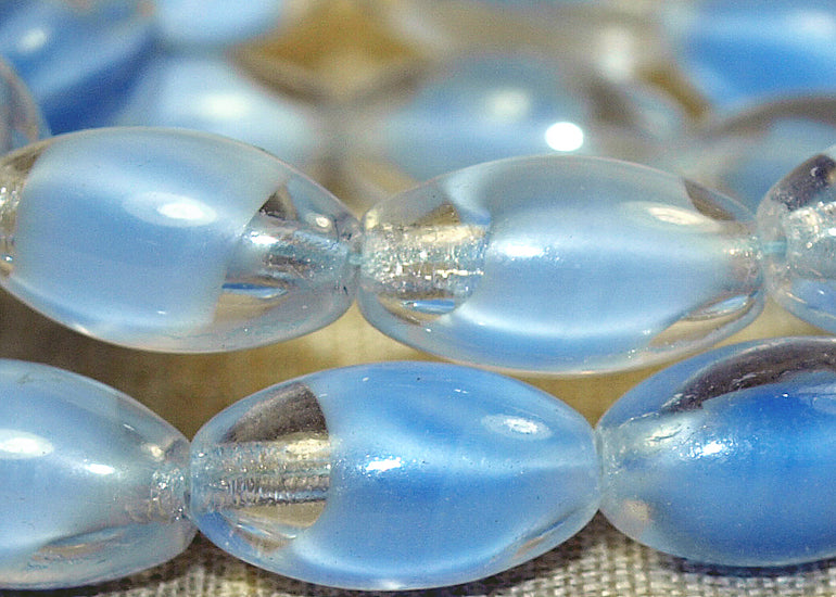 Vintage 1960s German Glass Beads - Clear Ovals w/Light Blue Givré