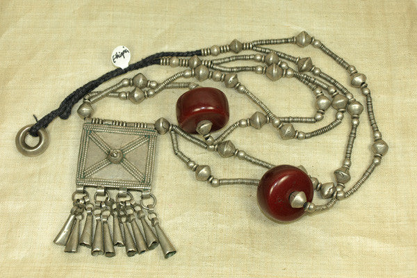 Antique Coin Silver and Amber Ethiopian Necklace