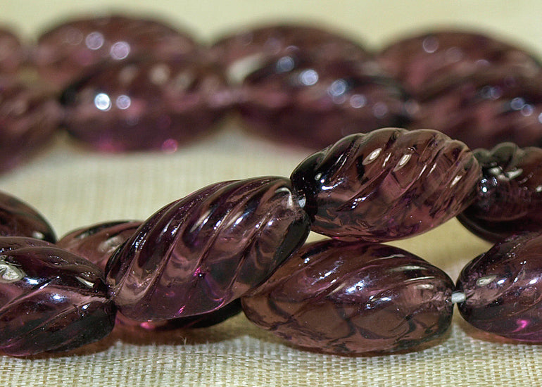 Vintage 1940s German Glass Beads - Twisted Amethyst Ovals